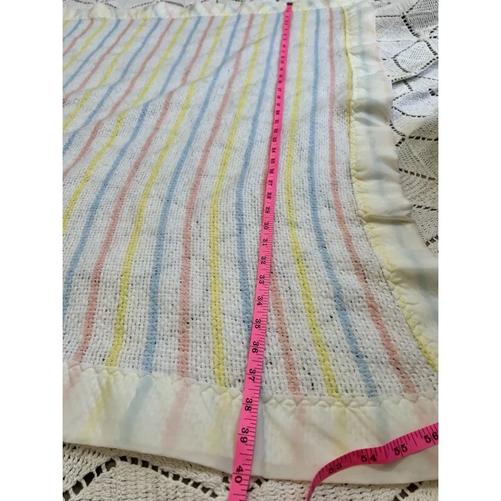 Vintage Baby Blanket Pastel Stripe Waffle Knit Satin Trim 40x40 Soft Gift Unisex